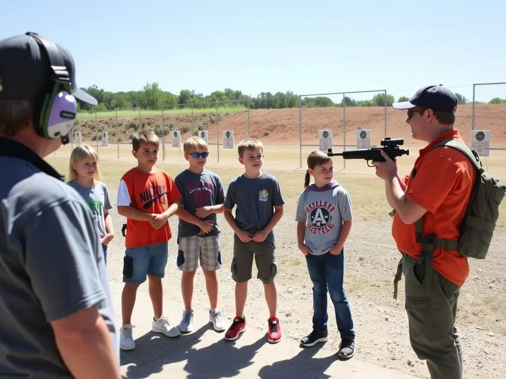 A group of young participants receiving coaching during a youth training session at the shooting range, focusing on basic shooting techniques and safety.