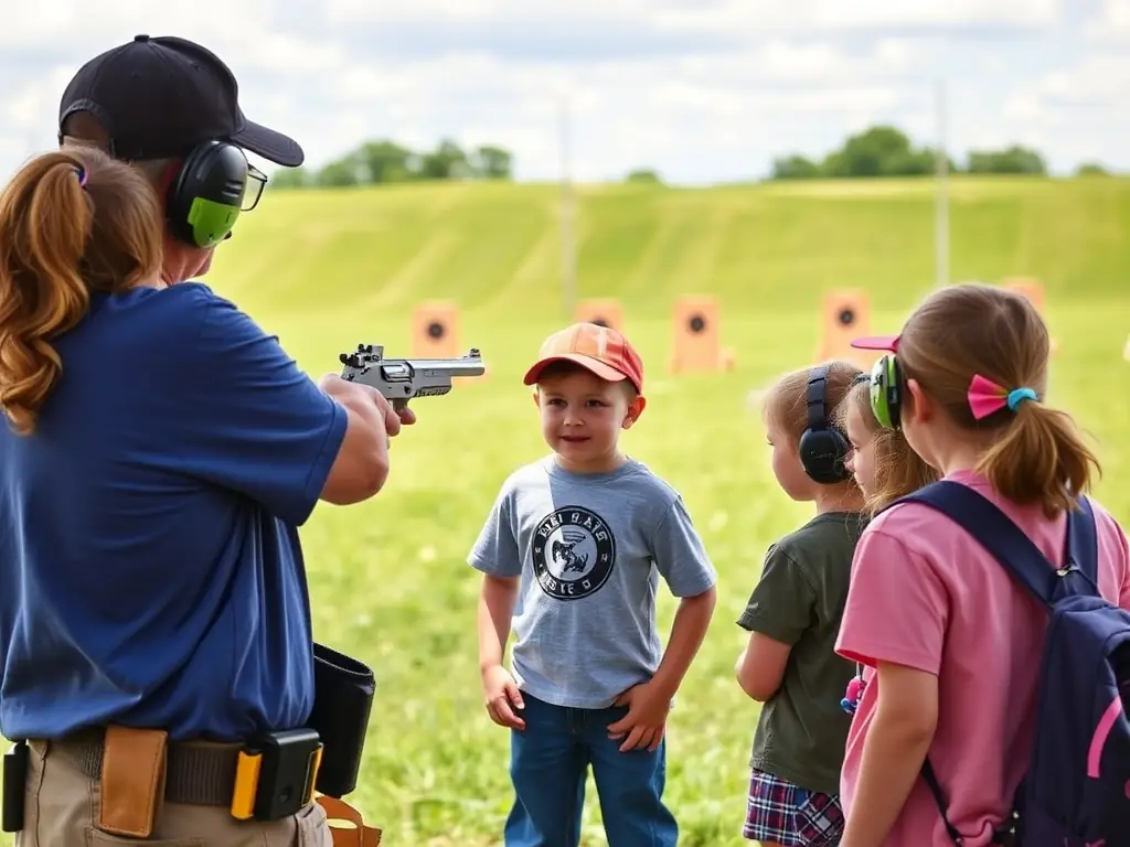 A group of young participants receiving coaching during a youth training session at the shooting range.