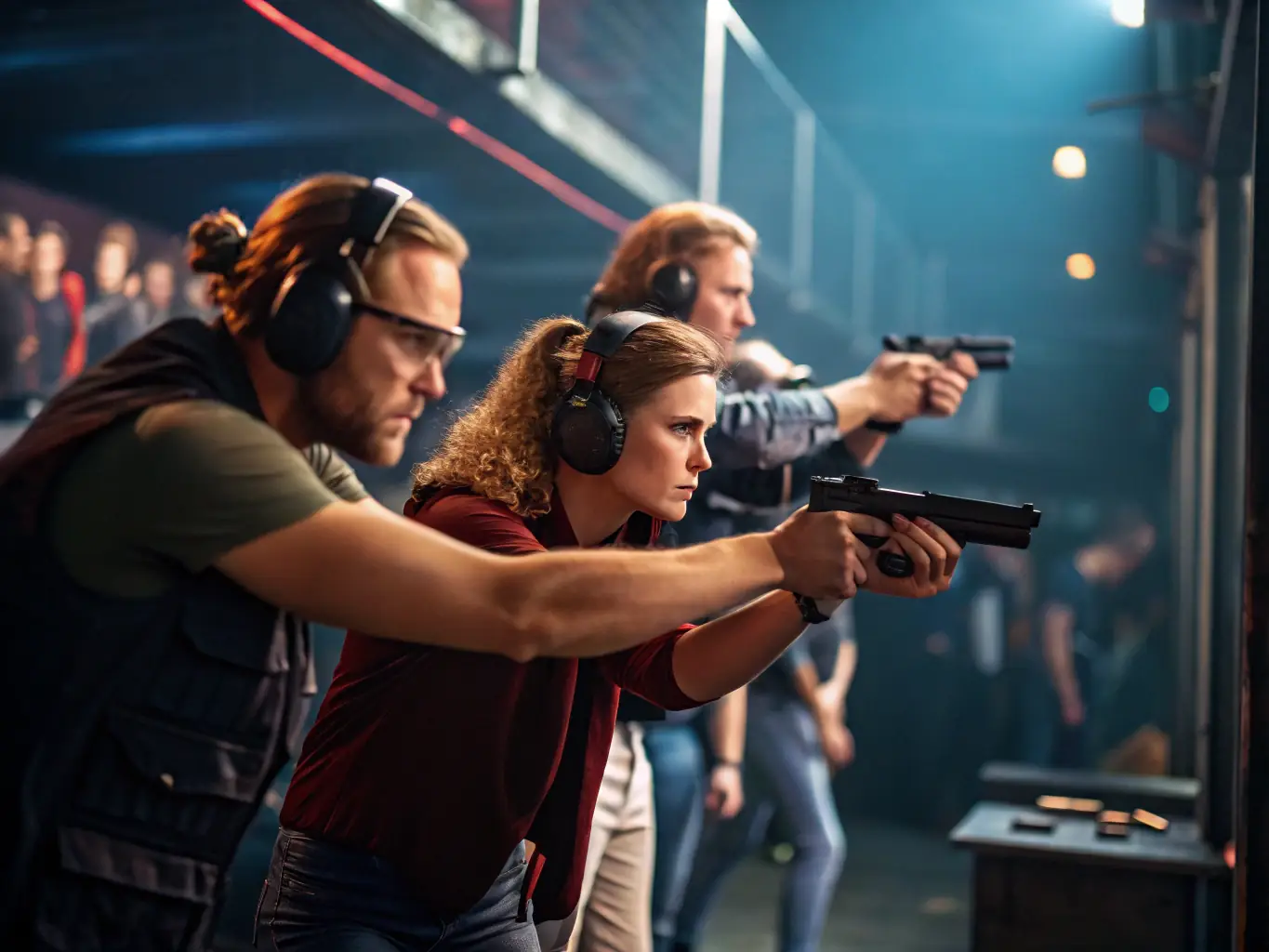 An action shot of competitors aiming at targets during a regional shooting competition, with spectators and officials observing.