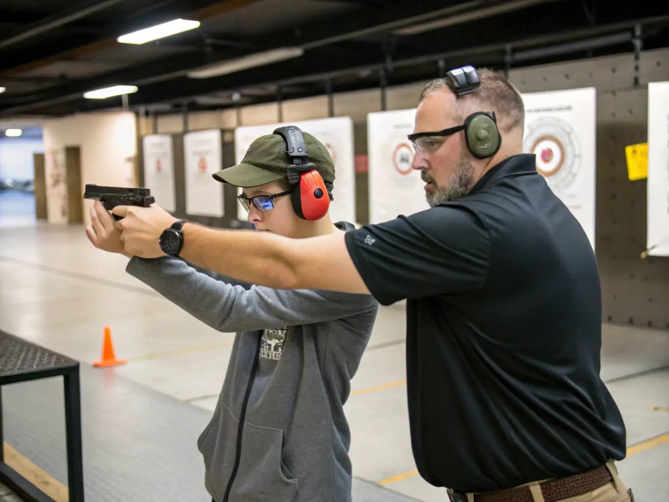 An image depicting a training session with participants learning shooting techniques under the guidance of an experienced instructor. The setting is an indoor shooting range with safety equipment visible.