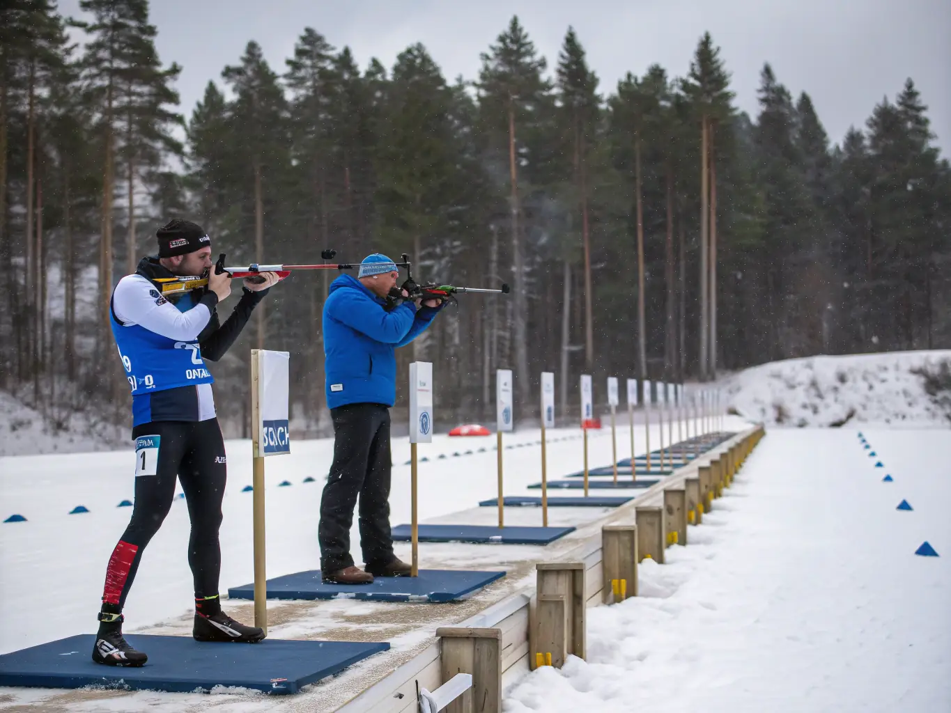 A dynamic image of participants engaged in a shooting competition, showcasing focus and precision.