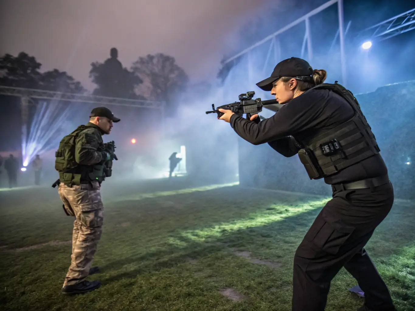A group of trainees participating in a workshop, focusing on precision shooting techniques under the guidance of an experienced instructor at an outdoor shooting range.