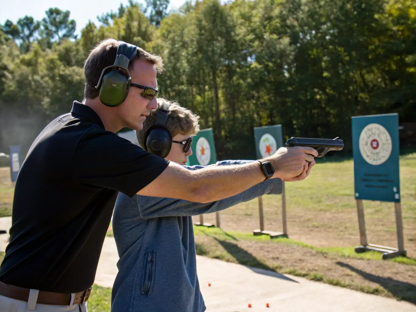 Instructors demonstrating proper stance and safety measures to a group of trainees in an outdoor shooting range.