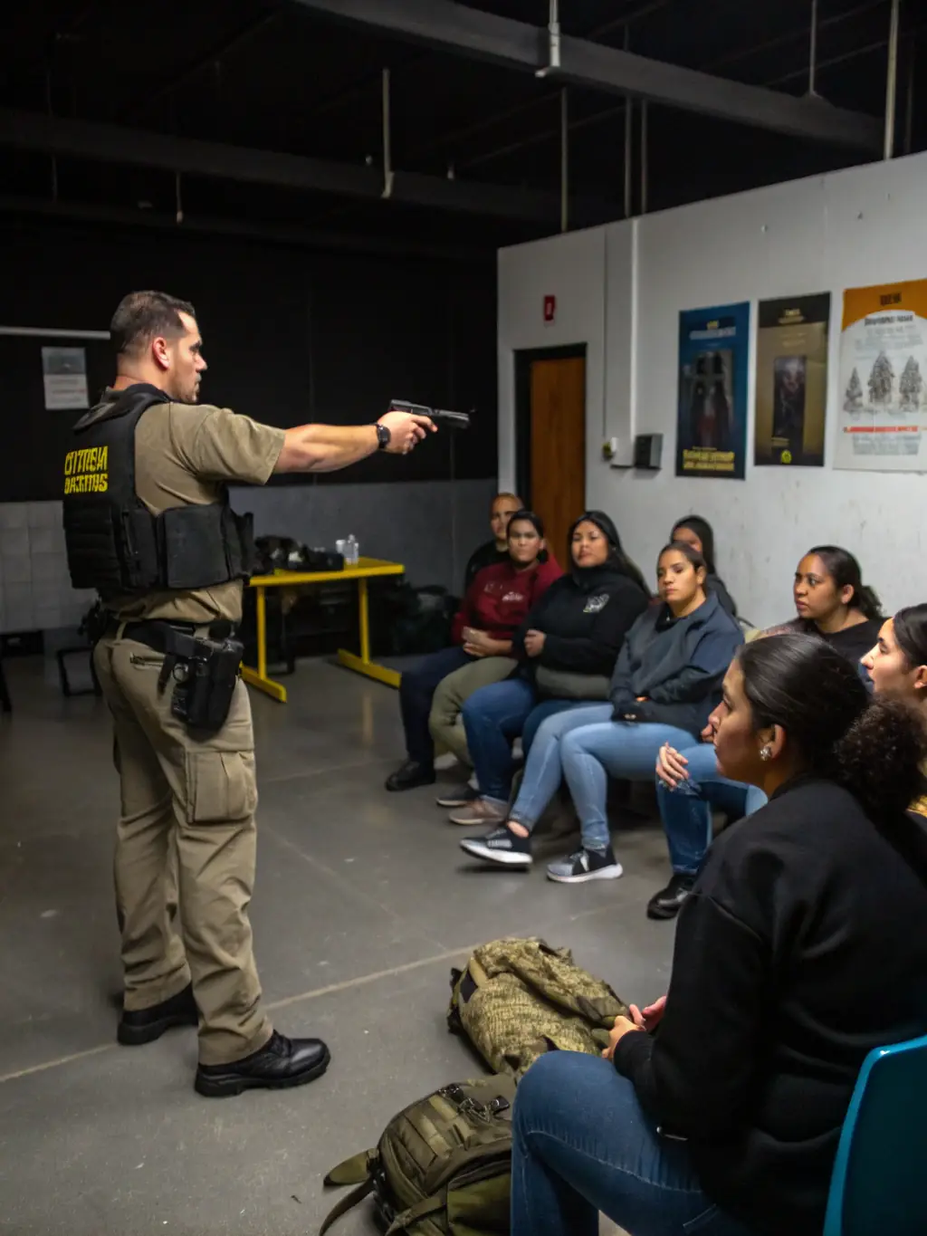 A photograph of an instructor demonstrating proper shooting stance to a group of trainees at a shooting range, focusing on safety and technique.