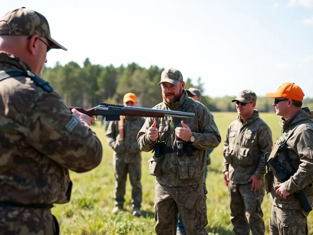 Instructors demonstrating proper stance and safety measures to a group of trainees in an outdoor shooting range.