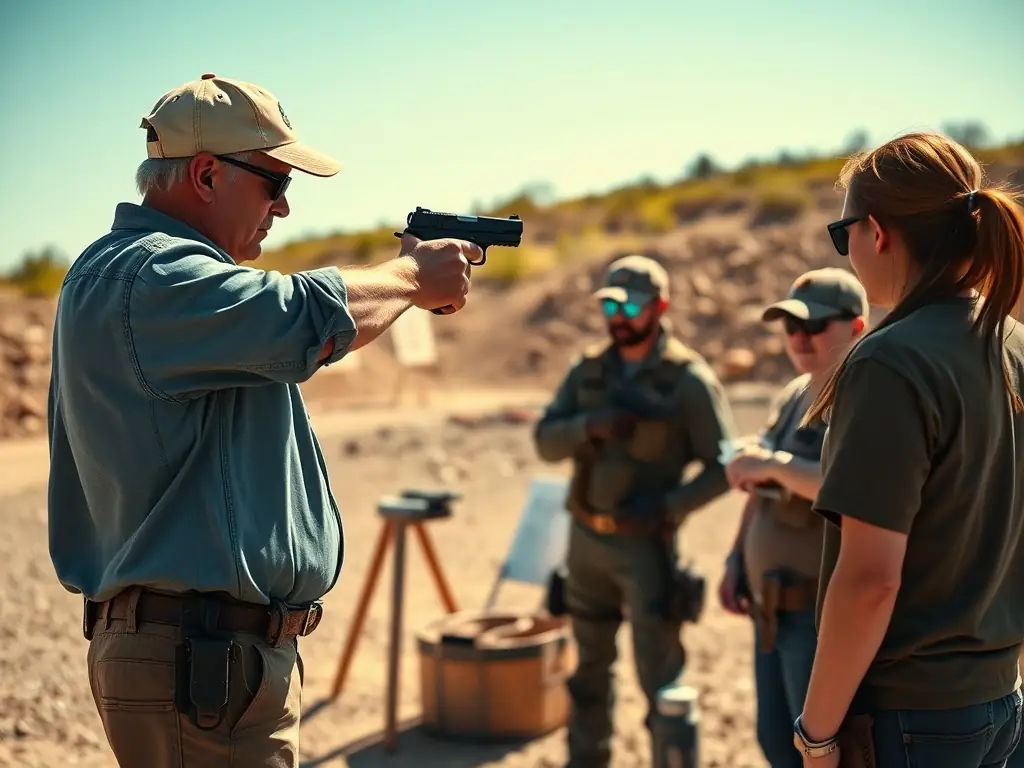 A dynamic image of instructors demonstrating proper stance and safety measures to a group of trainees in an outdoor shooting range.