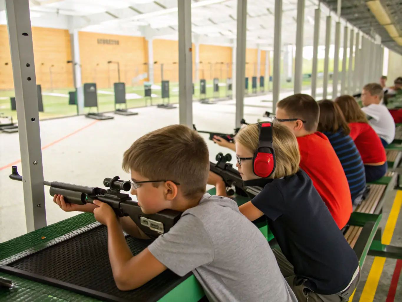 An image featuring young participants in a youth development program, learning about shooting sports in a fun and educational setting. The setting is a safe and controlled environment with instructors supervising.