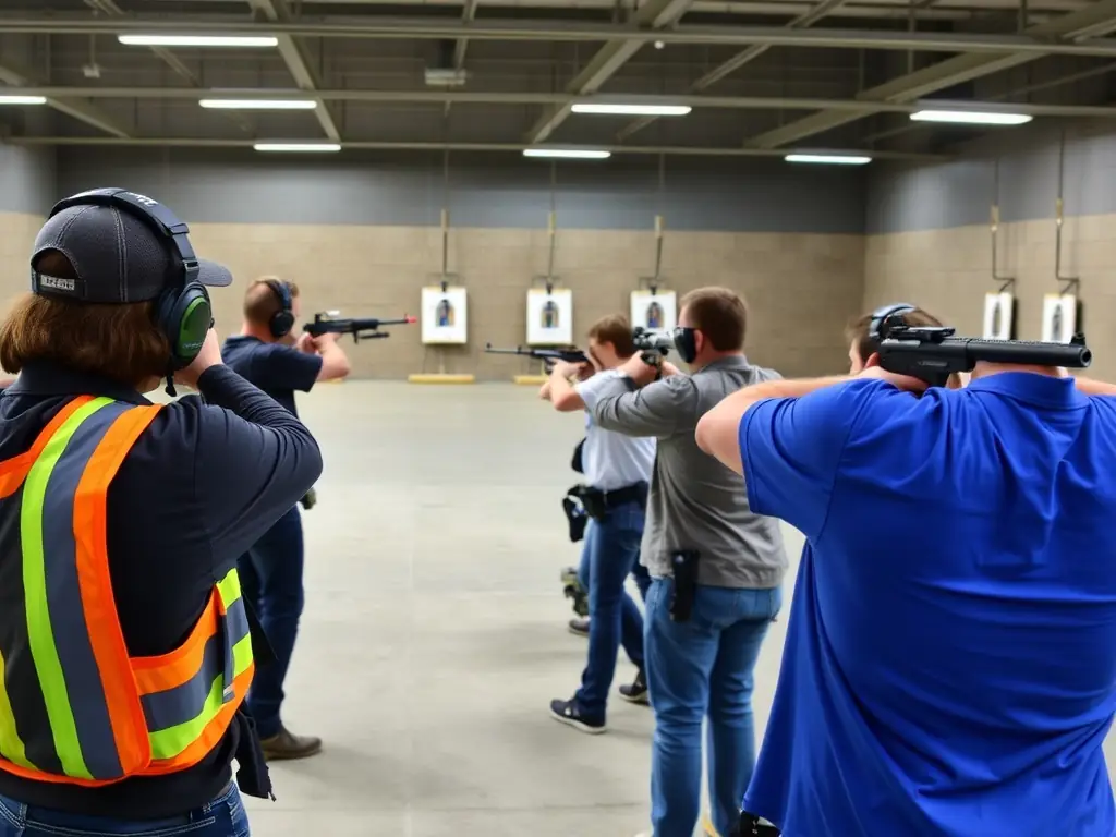 A dynamic image showcasing participants engaged in a shooting competition, highlighting the focus and precision required in the sport. The setting is an outdoor shooting range with targets visible in the background.