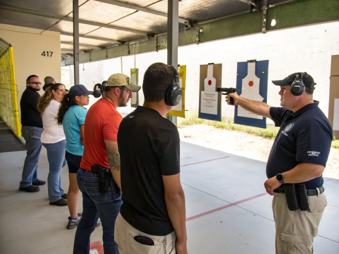 A group of young participants receiving coaching during a youth training session at the shooting range.